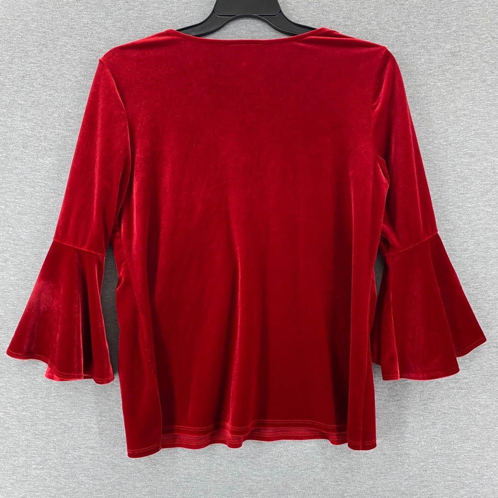 MSK Womens Y2K Red Velvet Fairy Boho Bell Sleeve V Neck Top Whimsy Size L - Picture 2 of 7